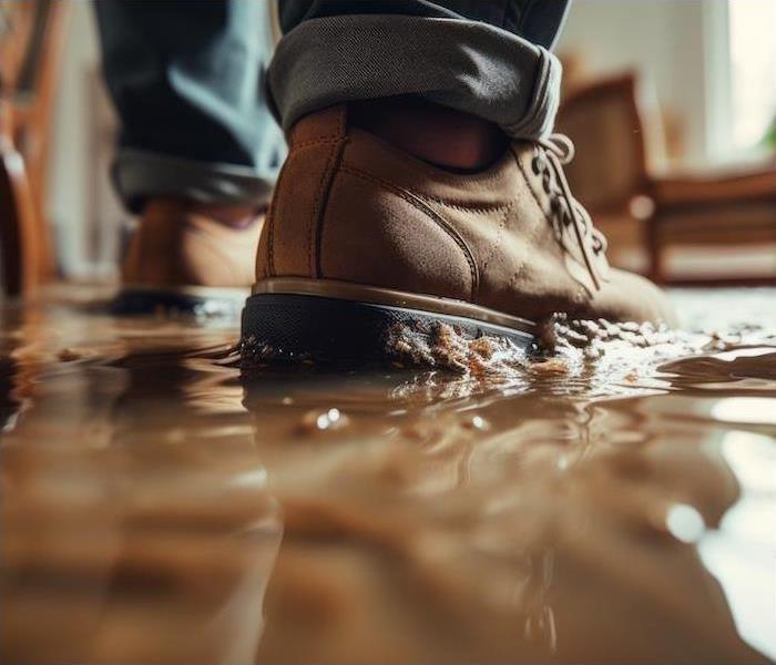 rain water pooling on a hardwood floor after a storm with a man in work boots walking through it